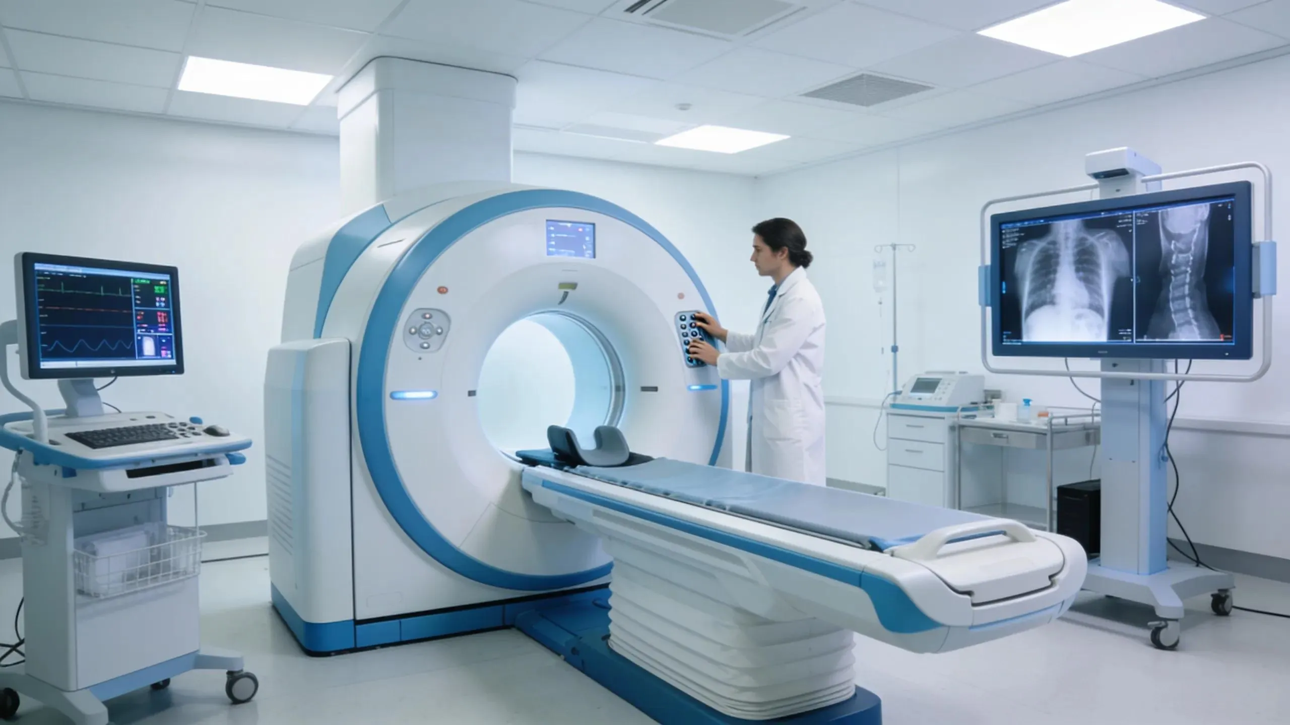 Modern medical imaging room with advanced diagnostic equipment and healthcare professional
