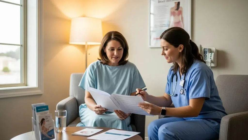 Patient preparation for a breast biopsy, focusing on communication and readiness