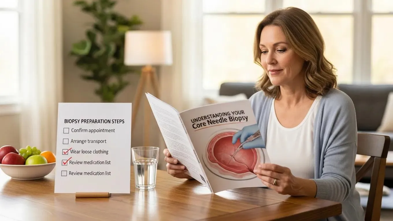 Patient preparing for core needle biopsy at home, reading informational materials