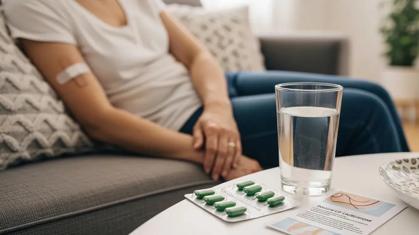 Patient resting at home after a needle biopsy, focusing on comfort and recovery
