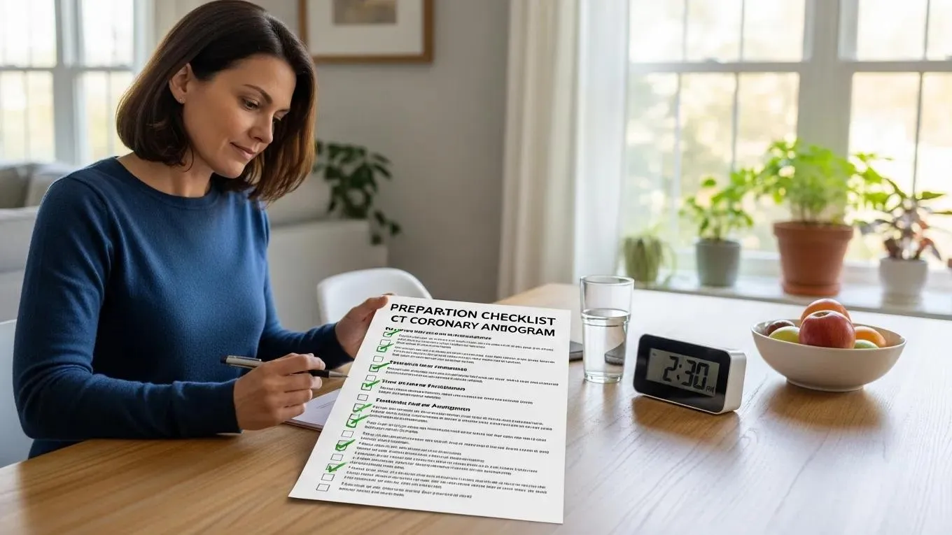 Patient reviewing CTCA preparation instructions at home, emphasizing readiness for the procedure