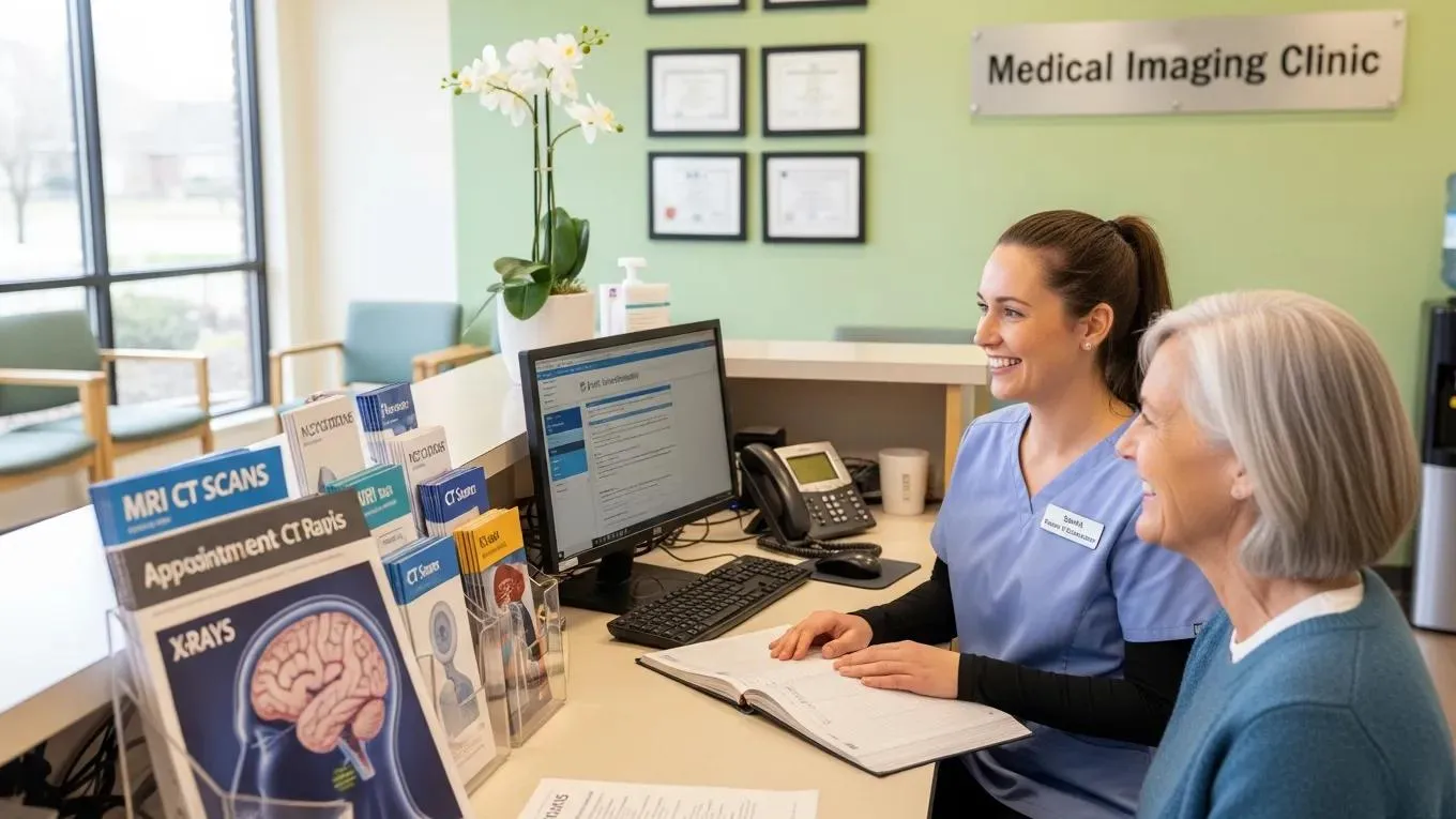 Receptionist helping a patient book a gynaecological ultrasound appointment at a clinic