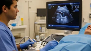 Ultrasound machine in use during a needle biopsy, emphasizing real-time imaging